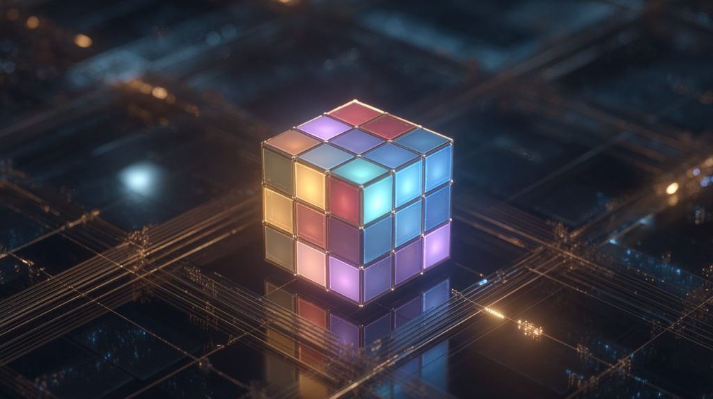 A solved abstract grid puzzle, representing the Poetiq ARC-AGI-2 breakthrough, illuminated above a complex AI network.