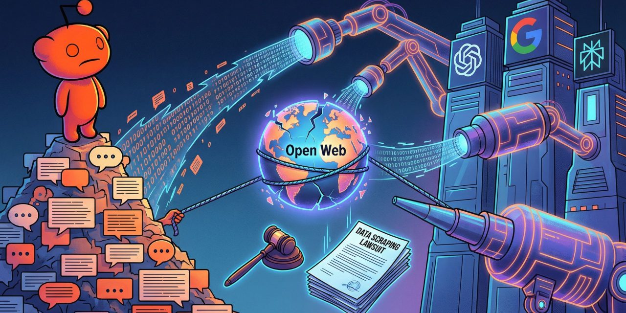 Illustration depicting Reddit vs AI giants battling in court over data scraping and ownership of the open web