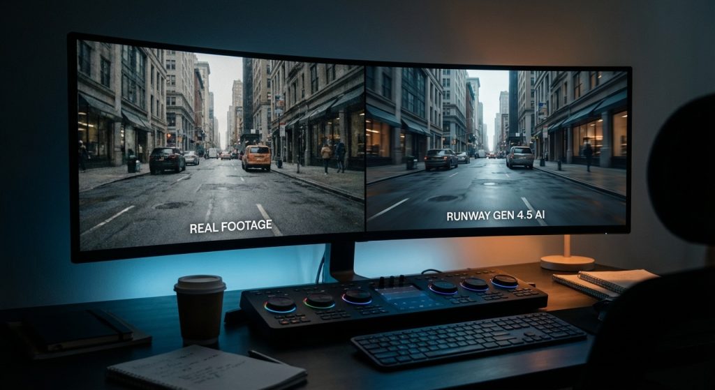 Runway Gen 4.5 AI video model displaying realistic synthetic footage beside real video on a professional editor’s multi monitor setup.