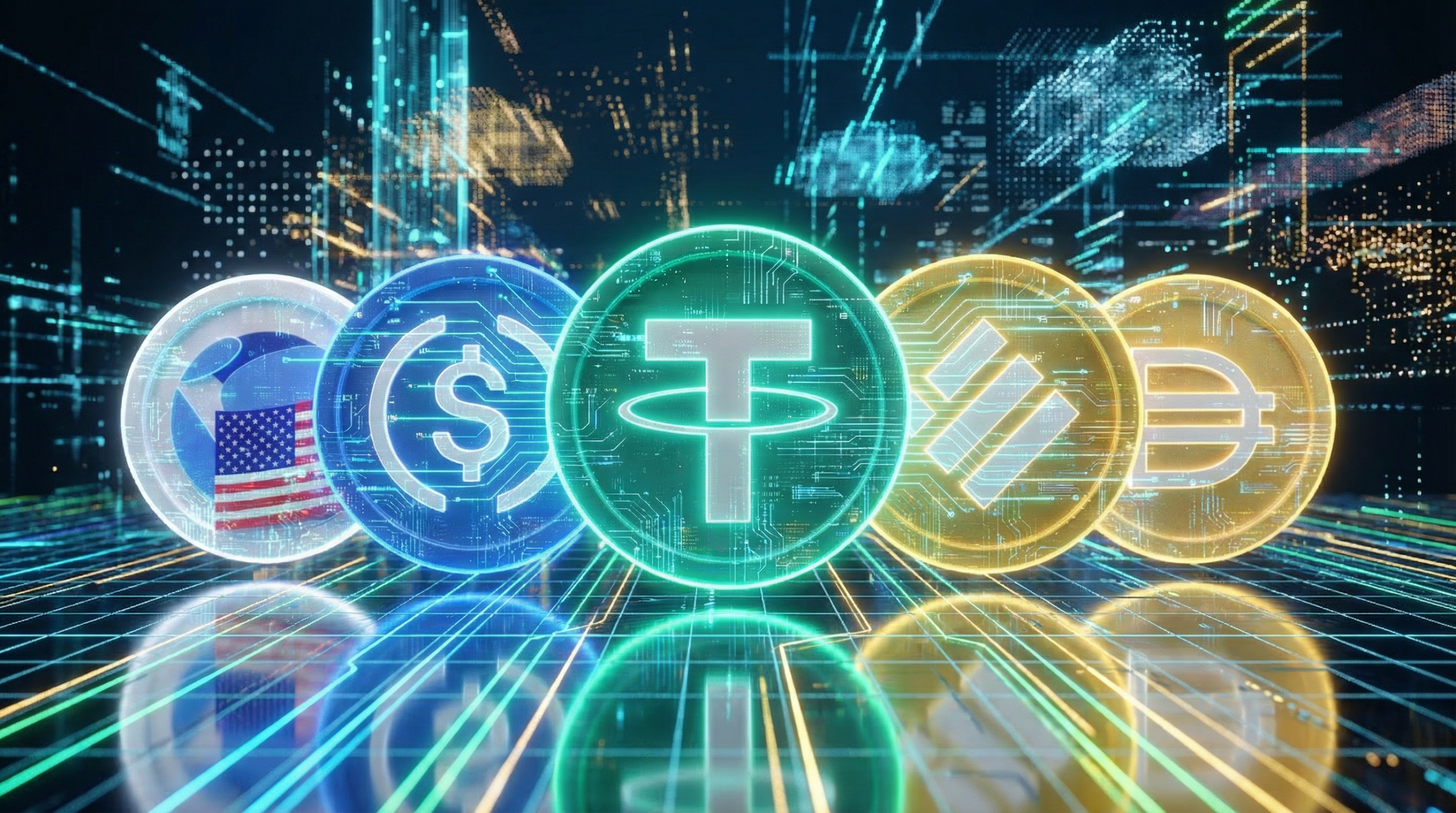 Stablecoins 101 futuristic digital coins glowing with neon light on a reflective surface, representing the evolution of stablecoins.