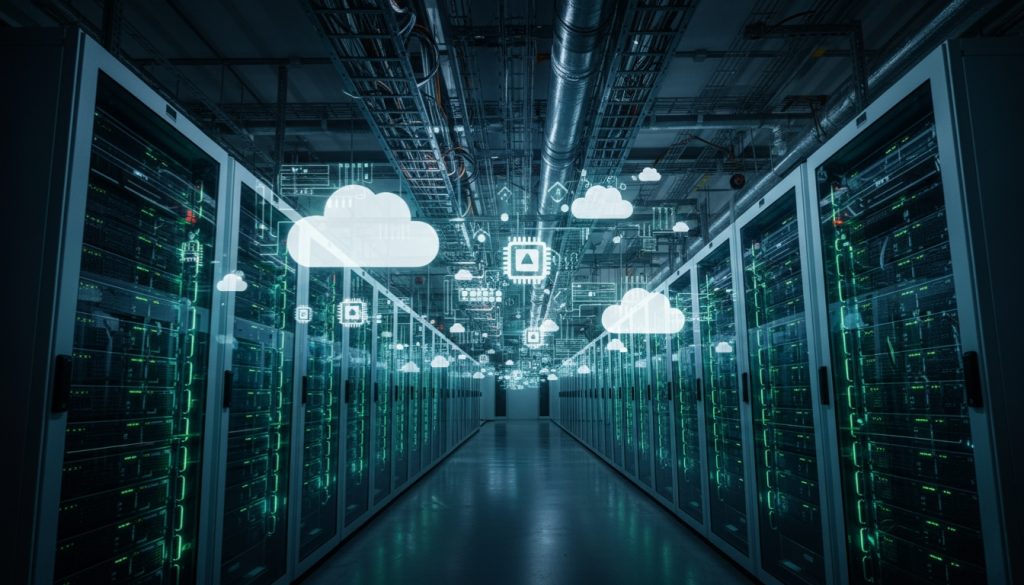 Inside an AI data center showing chips, clouds and servers that make up modern AI infrastructure.