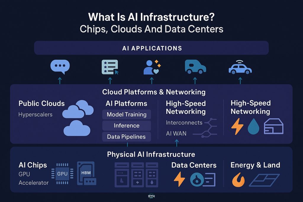 Infographic chart explaining what is AI infrastructure, showing chips, clouds and data centers as the layered stack behind modern AI applications.