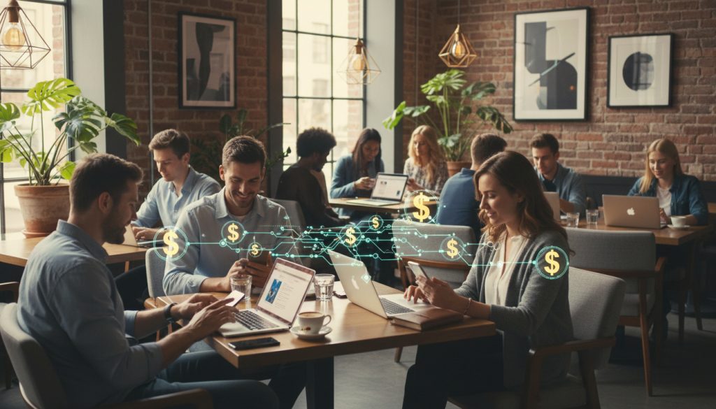 Stablecoins 101 illustration of people using digital dollar payments on phones and laptops in a modern café