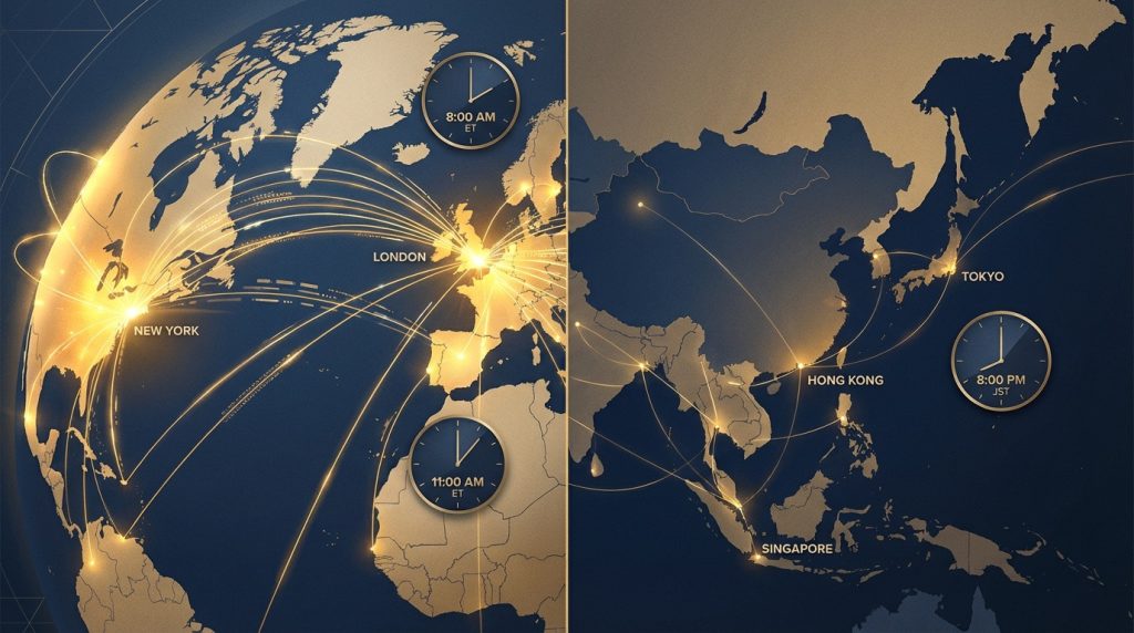 Best time to trade gold showing London and New York market overlap hours with global trading centers highlighted