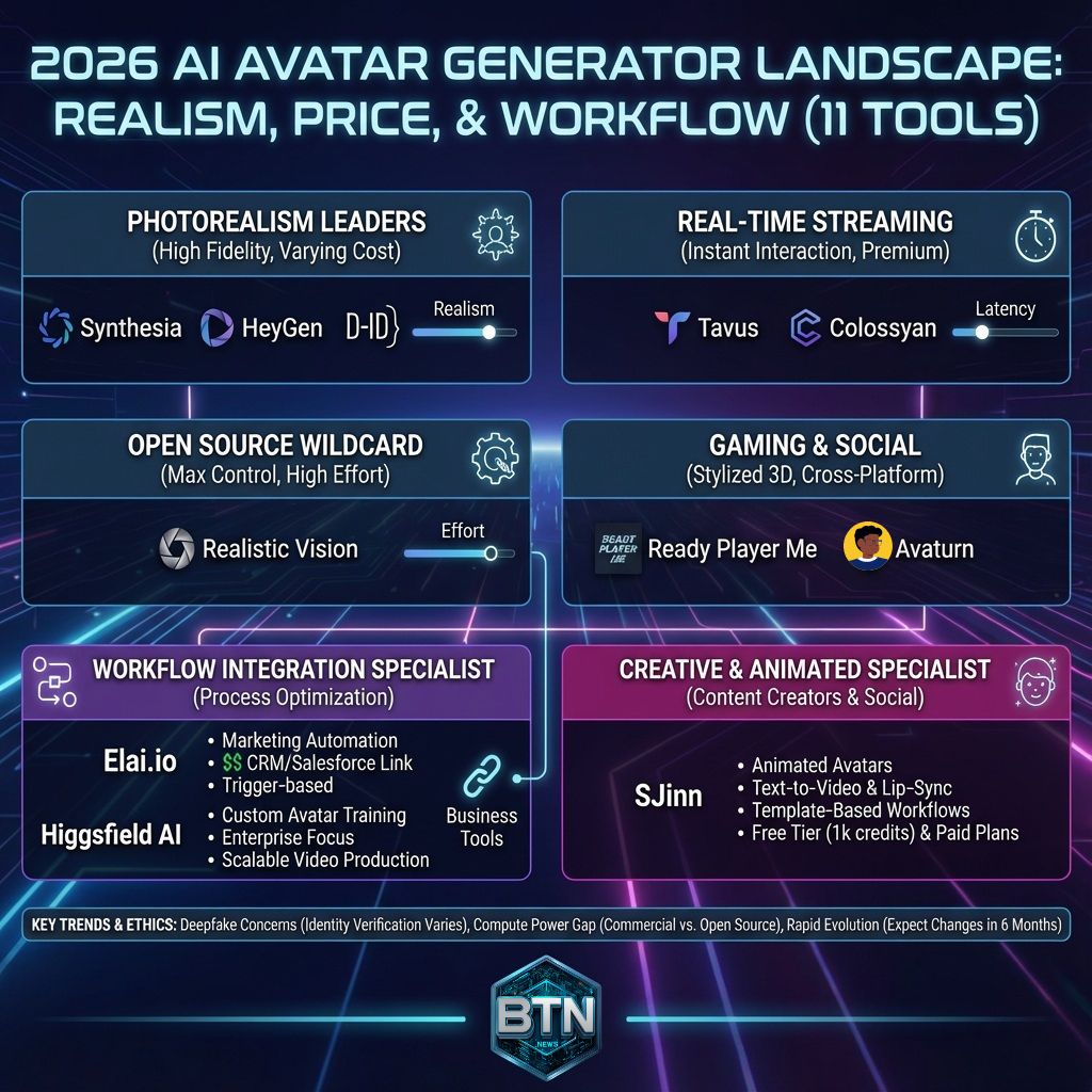 Infographic ranking the top 10 AI avatar generators of 2026 including Synthesia, HeyGen, and SJinn.