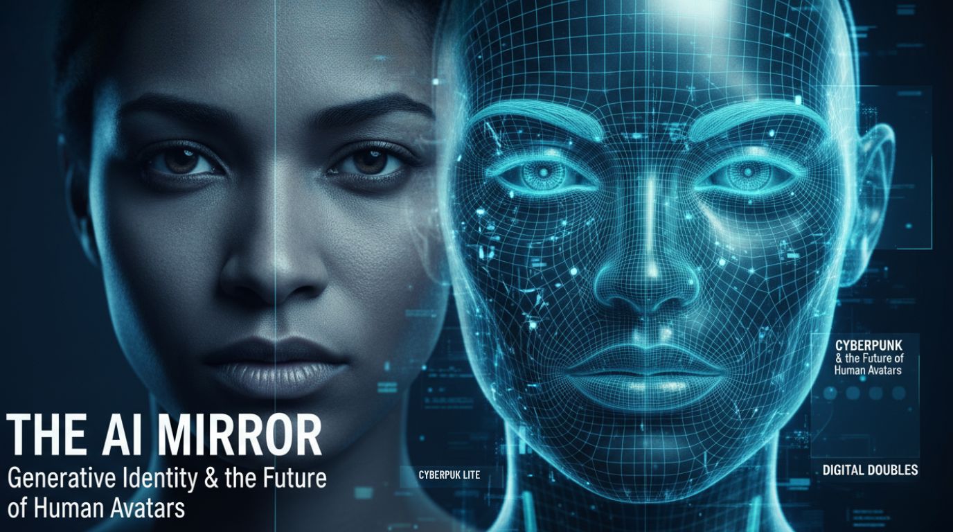 A split-screen comparison of a human face and a digital wireframe used by AI avatar generators to achieve photorealism.