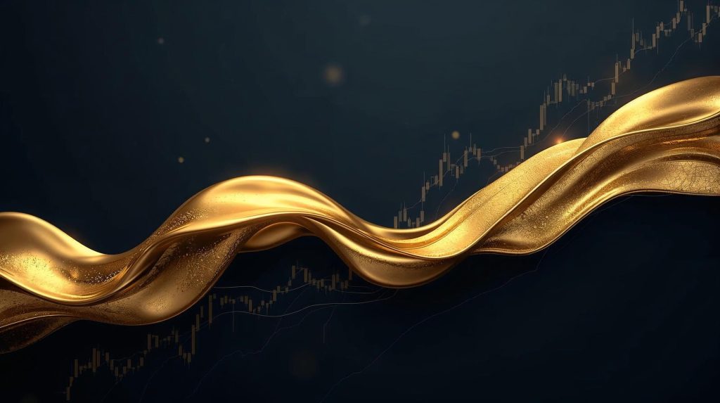 Editorial illustration of flowing gold forming abstract global market shapes on a dark blue background, symbolizing gold as a global financial asset.
