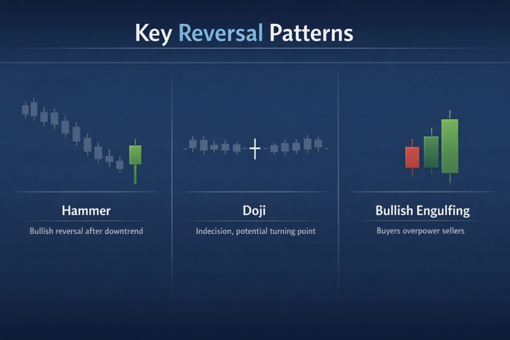 Infographic of candlestick charts showing hammer, doji, and bullish engulfing reversal patterns indicating market turning points.