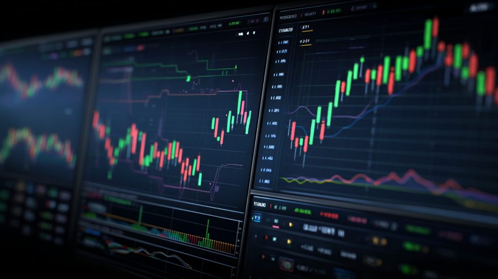 Candlestick charts showing bullish and bearish patterns with green and red formations on professional trading platform