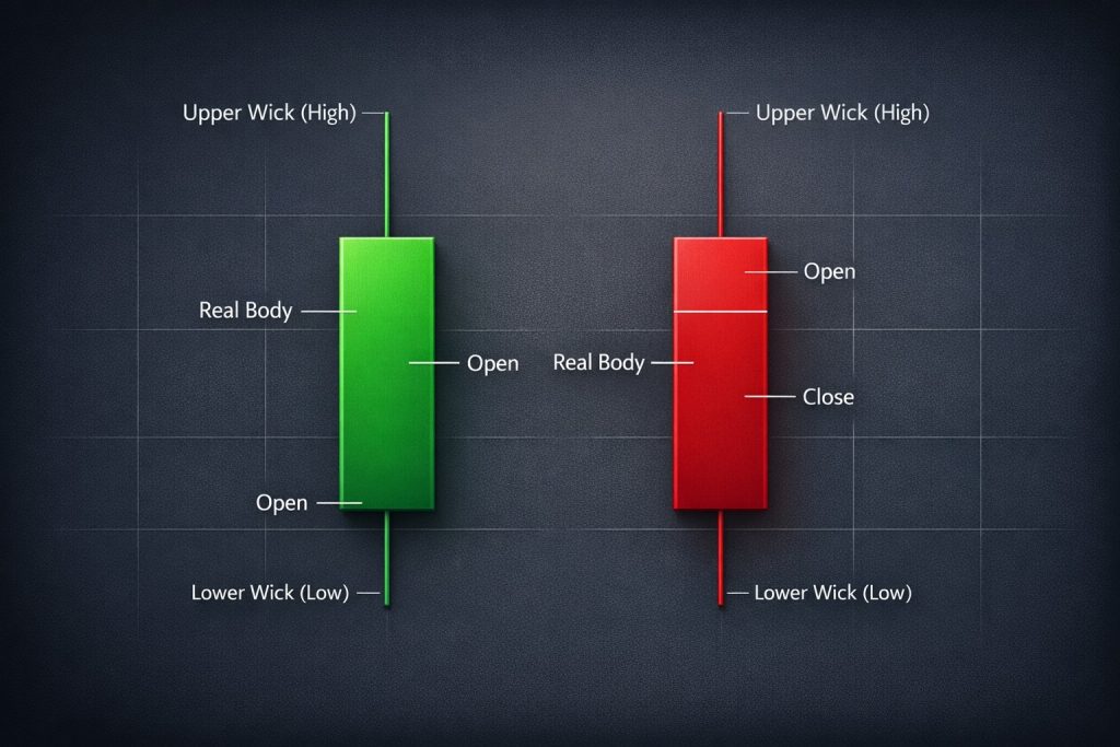 Anatomy of bullish and bearish candlestick charts showing real body, upper wick high, and lower wick low.