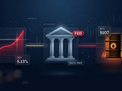 Dashboard composite hero on a dark navy background: glowing red ascending Treasury yield chart with 30Y 5.13% callout on the left, stylized Federal Reserve pillared building with FED red pill and RATE HIKE caption in the center, amber oil barrel with WTI 07 ticker and small candlestick chart on the right, connected by gold and crimson light beams, with small MARKETS and ECONOMY section labels in the upper background