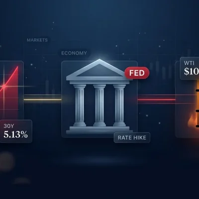 Dashboard composite hero on a dark navy background: glowing red ascending Treasury yield chart with 30Y 5.13% callout on the left, stylized Federal Reserve pillared building with FED red pill and RATE HIKE caption in the center, amber oil barrel with WTI 07 ticker and small candlestick chart on the right, connected by gold and crimson light beams, with small MARKETS and ECONOMY section labels in the upper background