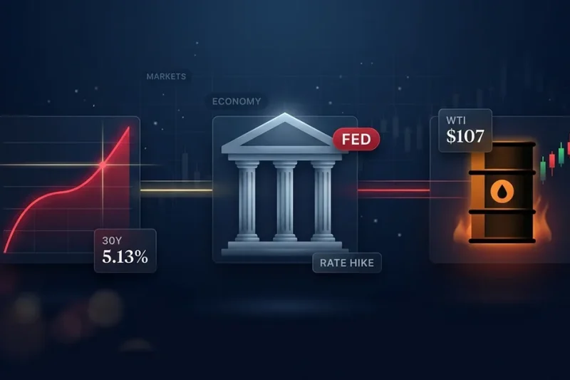 Dashboard composite hero on a dark navy background: glowing red ascending Treasury yield chart with 30Y 5.13% callout on the left, stylized Federal Reserve pillared building with FED red pill and RATE HIKE caption in the center, amber oil barrel with WTI 07 ticker and small candlestick chart on the right, connected by gold and crimson light beams, with small MARKETS and ECONOMY section labels in the upper background