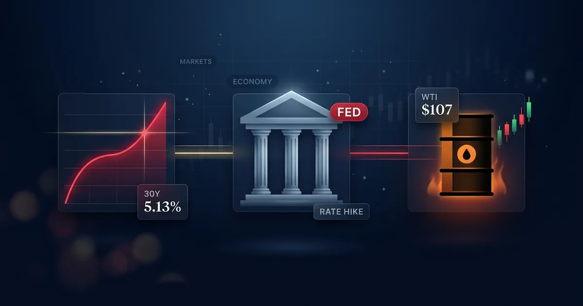 Dashboard composite hero on a dark navy background: glowing red ascending Treasury yield chart with 30Y 5.13% callout on the left, stylized Federal Reserve pillared building with FED red pill and RATE HIKE caption in the center, amber oil barrel with WTI 07 ticker and small candlestick chart on the right, connected by gold and crimson light beams, with small MARKETS and ECONOMY section labels in the upper background