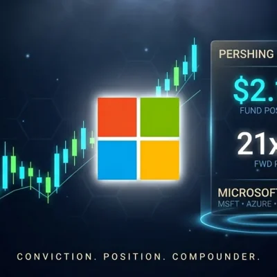 Dashboard composite hero showing the Microsoft four-square logo, an ascending candlestick chart, and floating panels reading Pershing Square .1B fund position, 21x forward P/E, and MSFT Azure M365