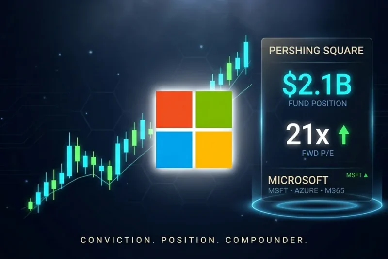 Dashboard composite hero showing the Microsoft four-square logo, an ascending candlestick chart, and floating panels reading Pershing Square .1B fund position, 21x forward P/E, and MSFT Azure M365