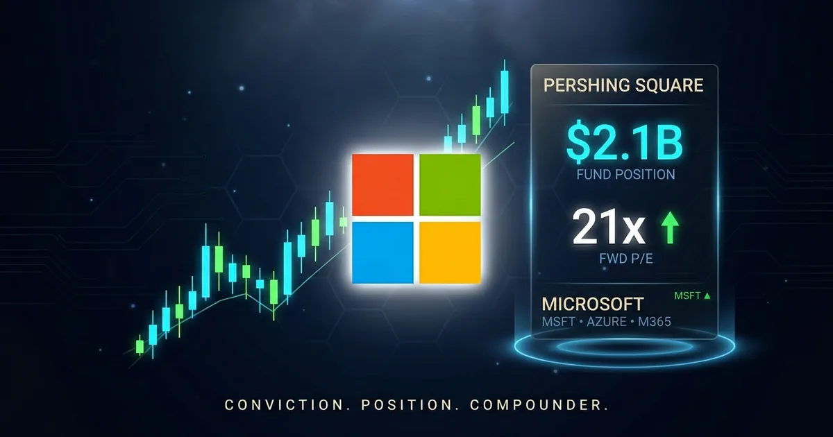 Dashboard composite hero showing the Microsoft four-square logo, an ascending candlestick chart, and floating panels reading Pershing Square .1B fund position, 21x forward P/E, and MSFT Azure M365