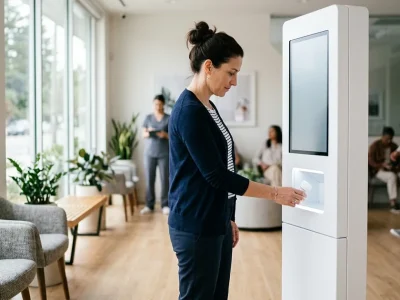 A patient stands at a tall white prescription-dispensing kiosk inside a bright modern primary-care clinic, receiving a small white prescription bottle from the kiosk's pickup window