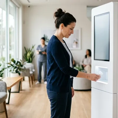 A patient stands at a tall white prescription-dispensing kiosk inside a bright modern primary-care clinic, receiving a small white prescription bottle from the kiosk's pickup window