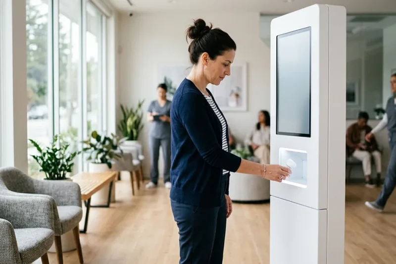 A patient stands at a tall white prescription-dispensing kiosk inside a bright modern primary-care clinic, receiving a small white prescription bottle from the kiosk's pickup window