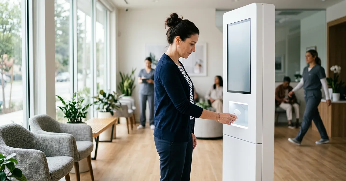 A patient stands at a tall white prescription-dispensing kiosk inside a bright modern primary-care clinic, receiving a small white prescription bottle from the kiosk's pickup window