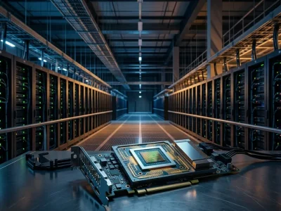 Wide view of a hyperscale AI data center aisle with parallel server racks receding to a vanishing point and a high-performance GPU compute module on a clean surface in the foreground