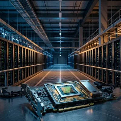 Wide view of a hyperscale AI data center aisle with parallel server racks receding to a vanishing point and a high-performance GPU compute module on a clean surface in the foreground