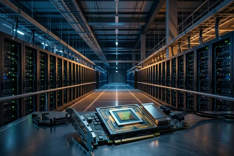 Wide view of a hyperscale AI data center aisle with parallel server racks receding to a vanishing point and a high-performance GPU compute module on a clean surface in the foreground