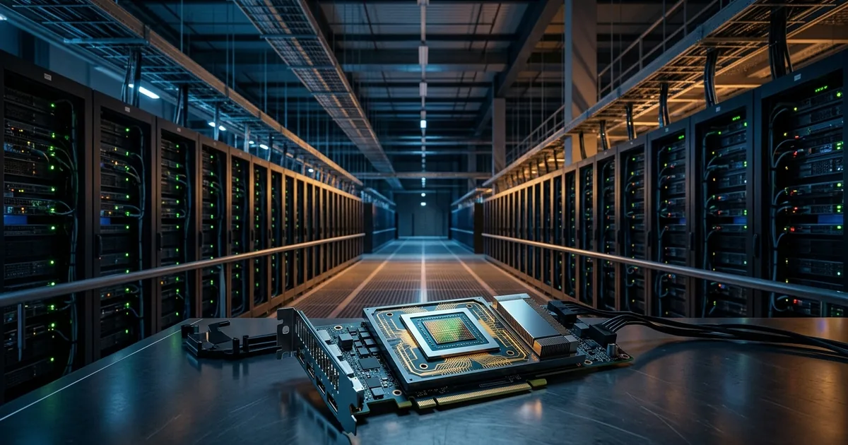 Wide view of a hyperscale AI data center aisle with parallel server racks receding to a vanishing point and a high-performance GPU compute module on a clean surface in the foreground