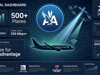 American Airlines logo with SpaceX Starlink logo airplane silhouette with satellite connectivity beams and 500 plus planes data panel