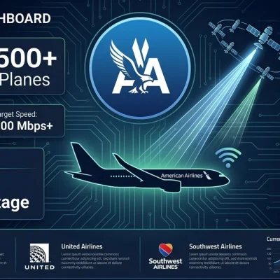 American Airlines logo with SpaceX Starlink logo airplane silhouette with satellite connectivity beams and 500 plus planes data panel