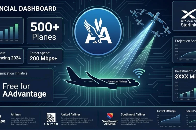 American Airlines logo with SpaceX Starlink logo airplane silhouette with satellite connectivity beams and 500 plus planes data panel