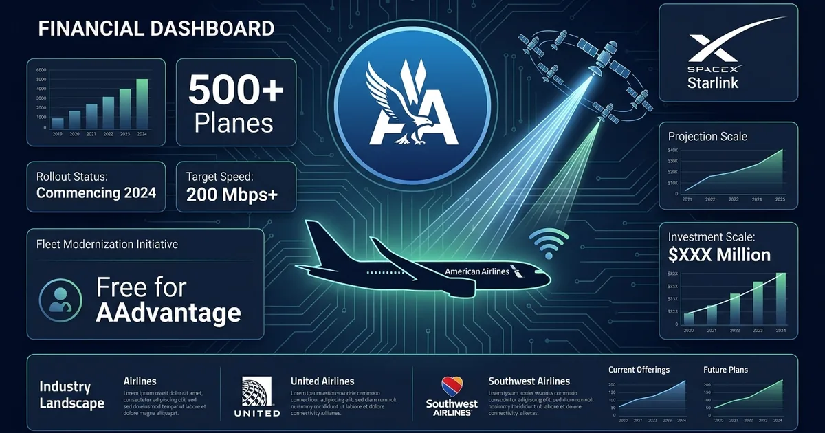 American Airlines logo with SpaceX Starlink logo airplane silhouette with satellite connectivity beams and 500 plus planes data panel