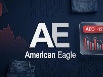 American Eagle AE logo on a navy dashboard with a red AEO -12% ticker chip and a downward stock chart