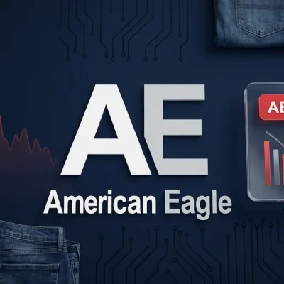 American Eagle AE logo on a navy dashboard with a red AEO -12% ticker chip and a downward stock chart