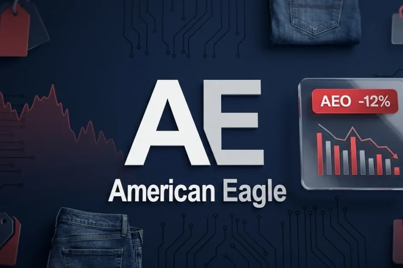 American Eagle AE logo on a navy dashboard with a red AEO -12% ticker chip and a downward stock chart