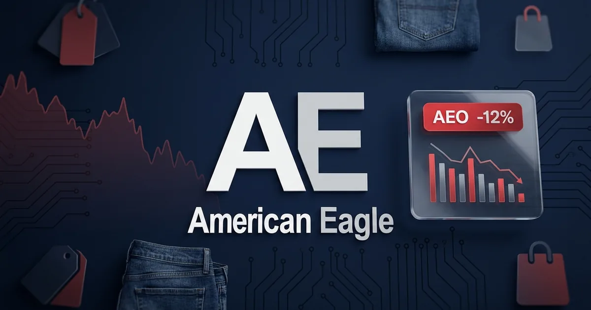 American Eagle AE logo on a navy dashboard with a red AEO -12% ticker chip and a downward stock chart