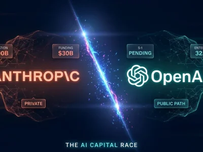 Dashboard composite hero: Anthropic wordmark in coral on the left with valuation and funding callouts ($900B, $30B, PRIVATE), OpenAI hexagonal logo on the right with IPO and enterprise share callouts (S-1 PENDING, 32.3%, PUBLIC PATH), separated by an electric diagonal energy seam over a dark navy neural-mesh background.