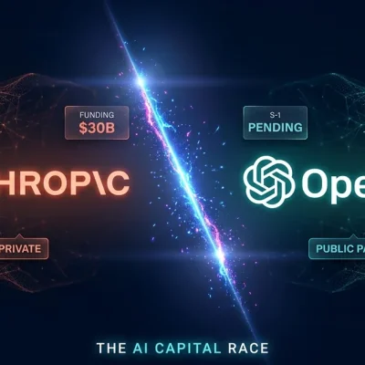 Dashboard composite hero: Anthropic wordmark in coral on the left with valuation and funding callouts ($900B, $30B, PRIVATE), OpenAI hexagonal logo on the right with IPO and enterprise share callouts (S-1 PENDING, 32.3%, PUBLIC PATH), separated by an electric diagonal energy seam over a dark navy neural-mesh background.
