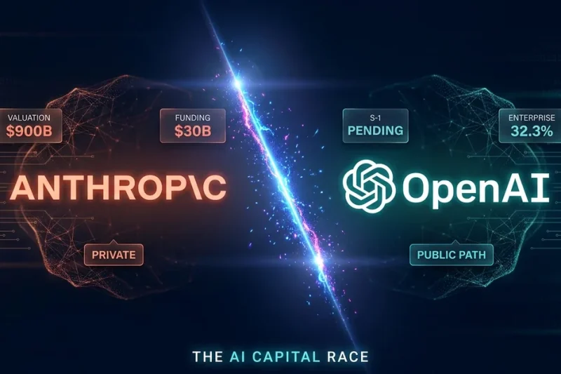 Dashboard composite hero: Anthropic wordmark in coral on the left with valuation and funding callouts ($900B, $30B, PRIVATE), OpenAI hexagonal logo on the right with IPO and enterprise share callouts (S-1 PENDING, 32.3%, PUBLIC PATH), separated by an electric diagonal energy seam over a dark navy neural-mesh background.