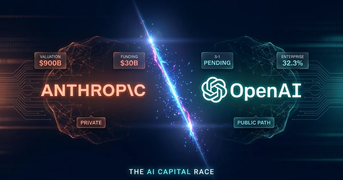 Dashboard composite hero: Anthropic wordmark in coral on the left with valuation and funding callouts ($900B, $30B, PRIVATE), OpenAI hexagonal logo on the right with IPO and enterprise share callouts (S-1 PENDING, 32.3%, PUBLIC PATH), separated by an electric diagonal energy seam over a dark navy neural-mesh background.