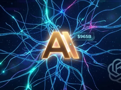 Glowing golden Anthropic A logo at center of neural network with 965 billion dollar valuation callout and dimmer OpenAI logo on dark blue background