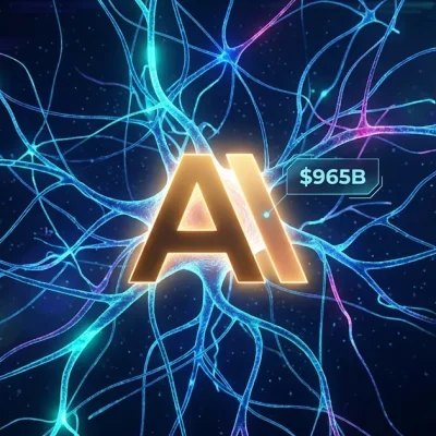 Glowing golden Anthropic A logo at center of neural network with 965 billion dollar valuation callout and dimmer OpenAI logo on dark blue background