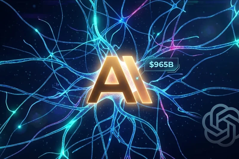 Glowing golden Anthropic A logo at center of neural network with 965 billion dollar valuation callout and dimmer OpenAI logo on dark blue background