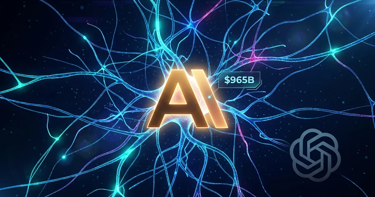Glowing golden Anthropic A logo at center of neural network with 965 billion dollar valuation callout and dimmer OpenAI logo on dark blue background