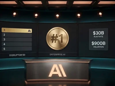 Markets-broadcast studio set styled around the CNBC Disruptor 50 ranking, with a leaderboard panel showing Anthropic in the #1 row, a gold #1 medallion captioned ENTERPRISE AI, and a KPI tile showing 30B run rate and 900B valuation