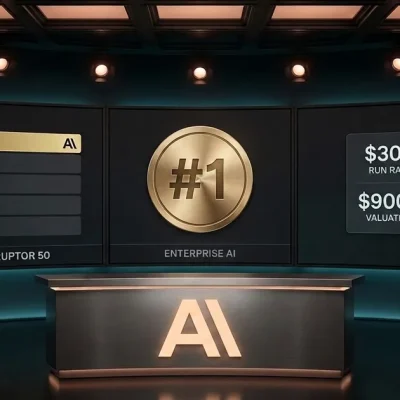 Markets-broadcast studio set styled around the CNBC Disruptor 50 ranking, with a leaderboard panel showing Anthropic in the #1 row, a gold #1 medallion captioned ENTERPRISE AI, and a KPI tile showing 30B run rate and 900B valuation