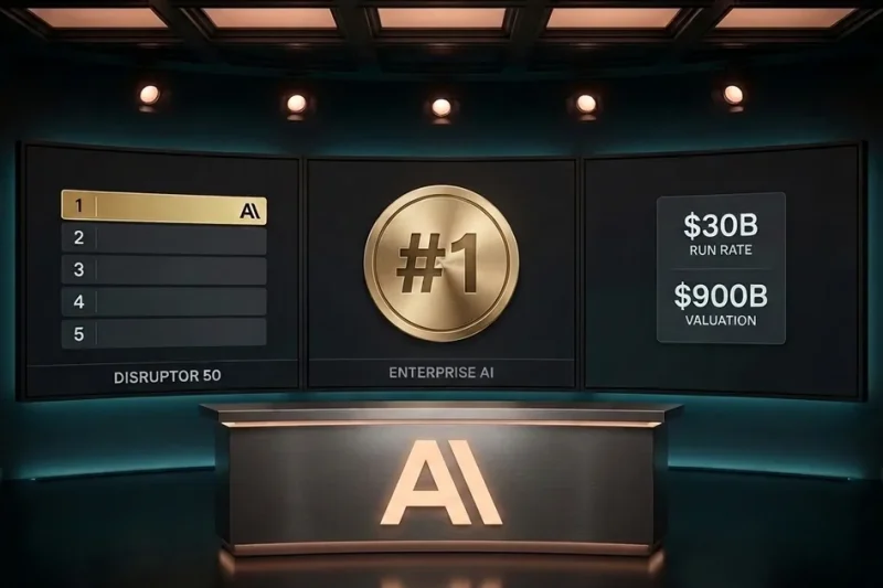 Markets-broadcast studio set styled around the CNBC Disruptor 50 ranking, with a leaderboard panel showing Anthropic in the #1 row, a gold #1 medallion captioned ENTERPRISE AI, and a KPI tile showing 30B run rate and 900B valuation