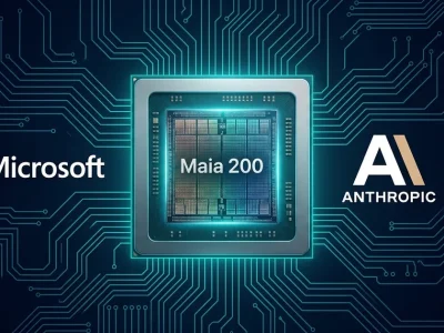 Microsoft, Anthropic, and Nvidia logos around a glowing Maia 200 AI accelerator chip on a circuit-board background