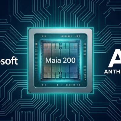 Microsoft, Anthropic, and Nvidia logos around a glowing Maia 200 AI accelerator chip on a circuit-board background